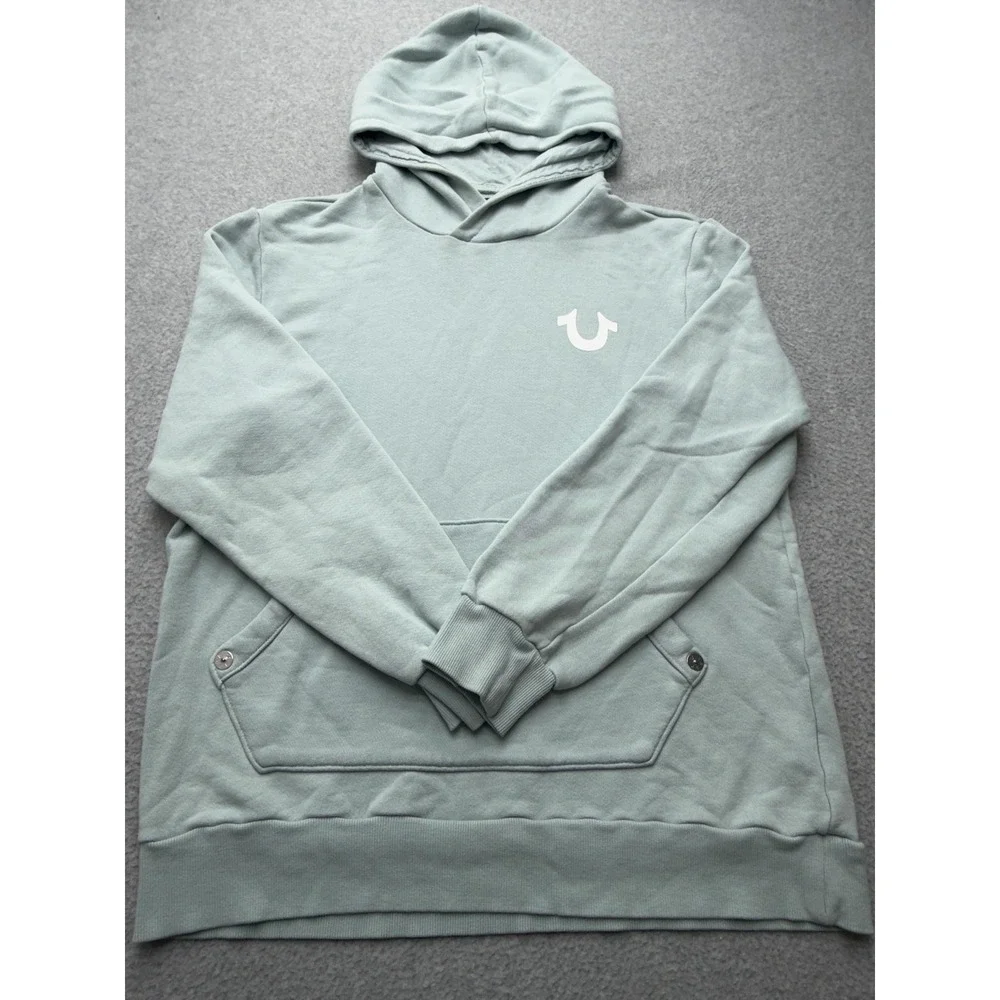 True Religion Hoodie Mens XL Green Fleece Pullover Back Graphic Logo World Tour